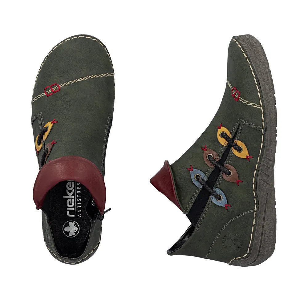 Rieker 72581-54 women's green ankle boots with side zip, lace-up detail, cushioned collar, and rugged sole.