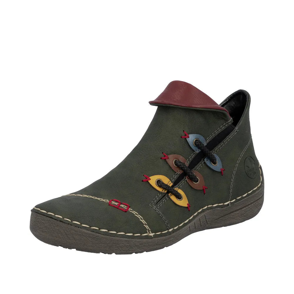 Rieker 72581-54 women's green ankle boots with side zipper, colorful lace details, and contrast sole, stylish and comfortable footwear.