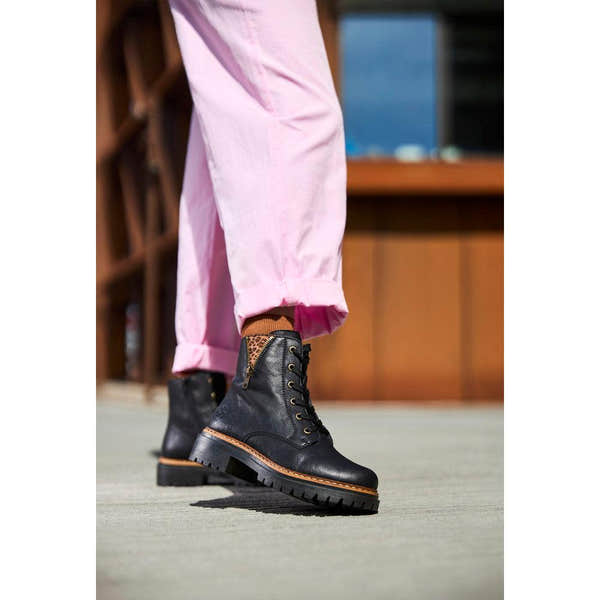 Rieker 72617-00 women's black lace-up ankle boots with zip, chunky sole, and leopard print accents, stylish and durable footwear.