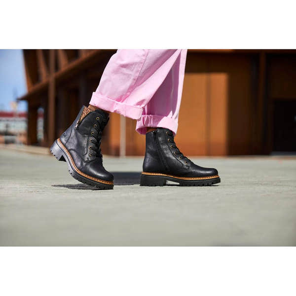 Rieker Women's Black Zip & Lace Ankle Boots with rugged sole, featuring side zipper and lace-up design.