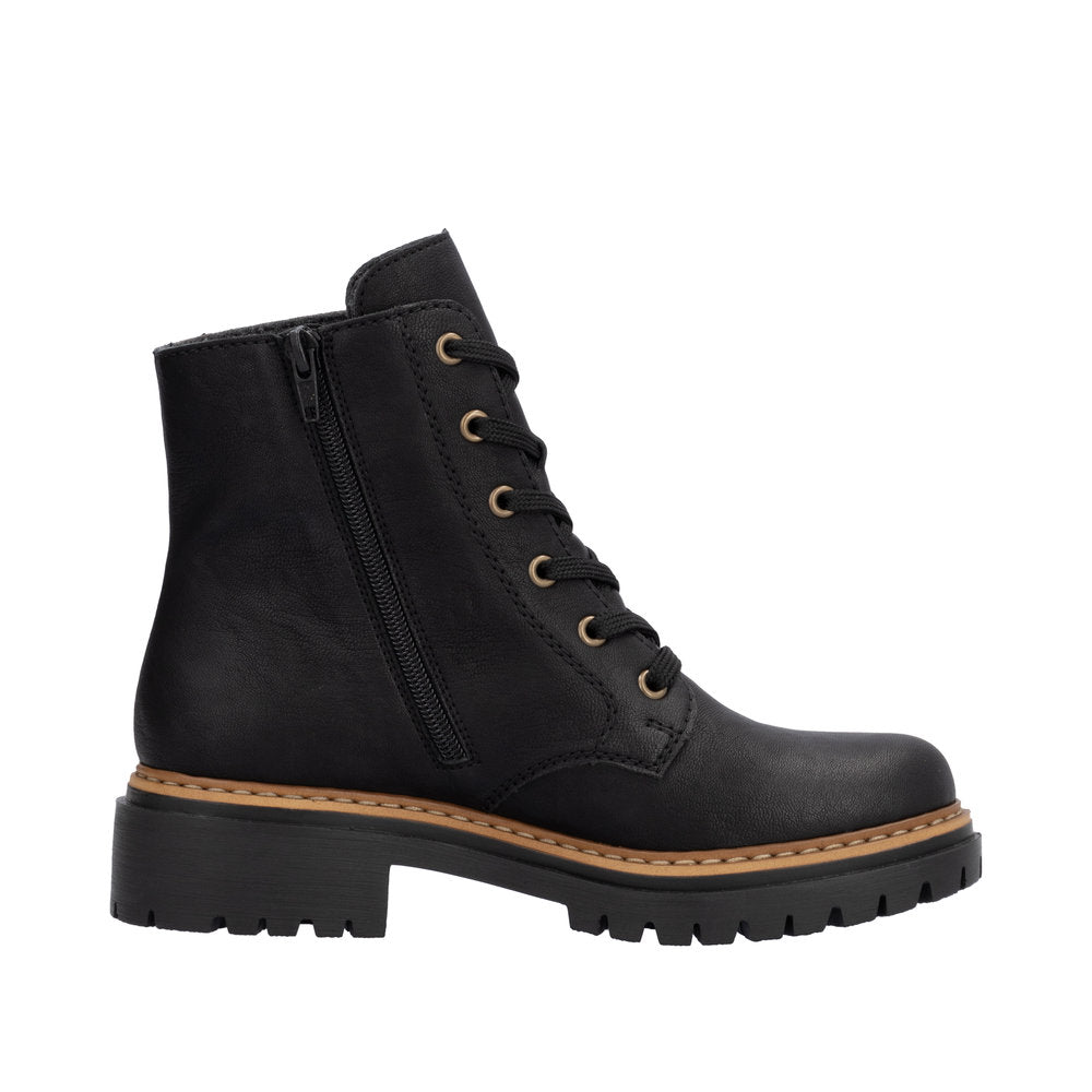 Rieker 72617-00 women's black ankle boots with lace-up front, side zipper, chunky heel, and rugged traction sole.