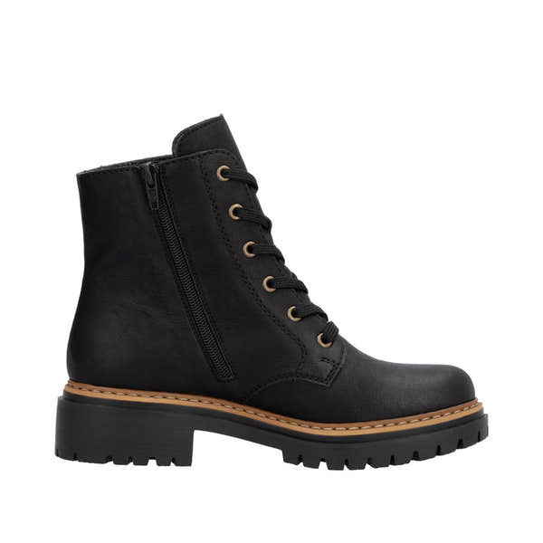 Rieker 72617-00 women's black ankle boots with lace-up front, side zipper, chunky heel, and rugged traction sole.