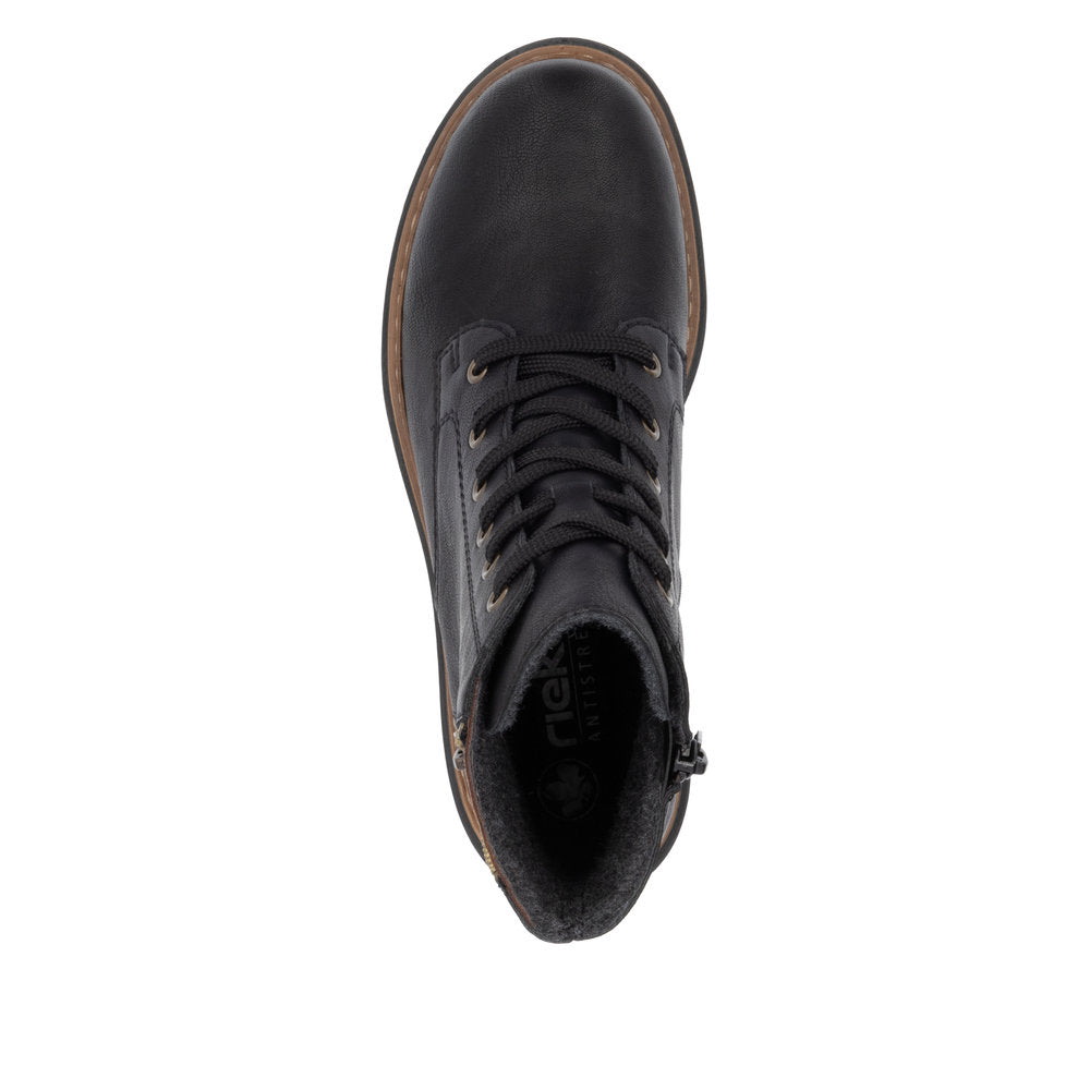 Rieker 72617-00 women's black ankle boots with lace-up and zip closure, rugged sole, and stylish design.