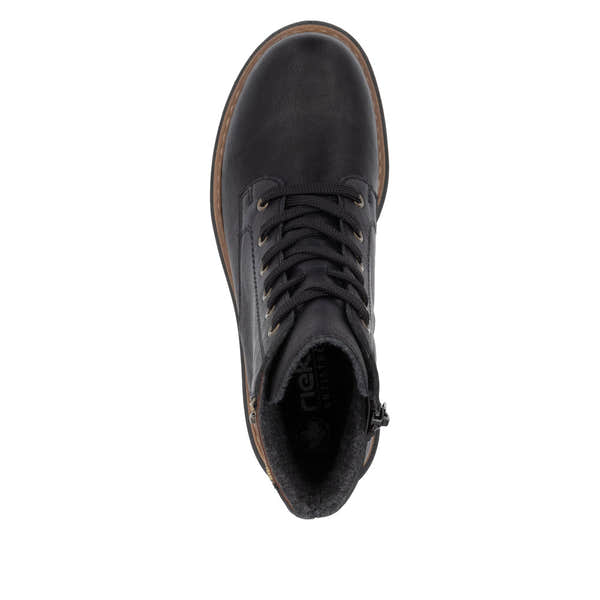 Rieker 72617-00 women's black ankle boots with lace-up and zip closure, rugged sole, and stylish design.