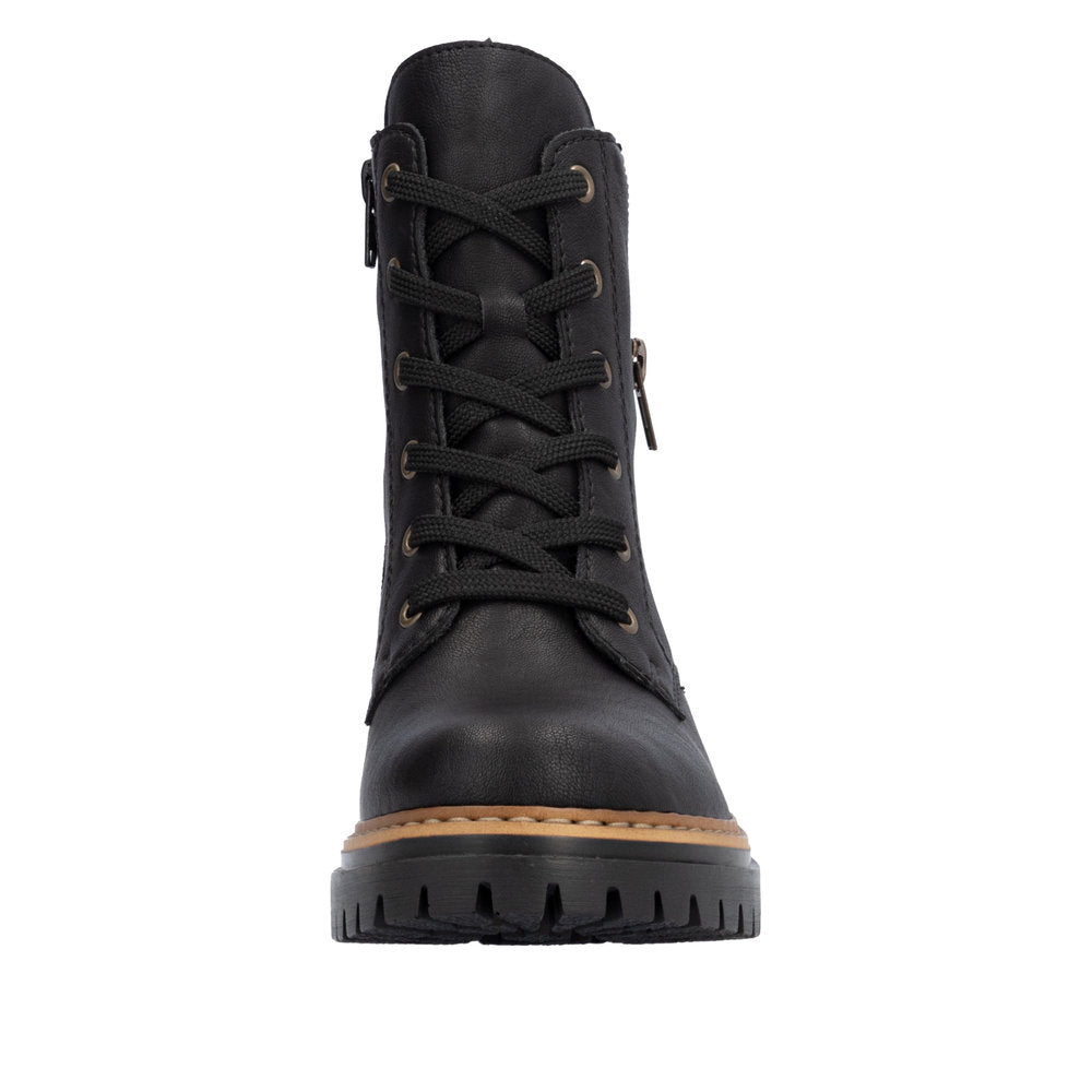 Rieker 72617-00 women's black ankle boots with lace-up and side zipper, rugged sole, and stylish design.
