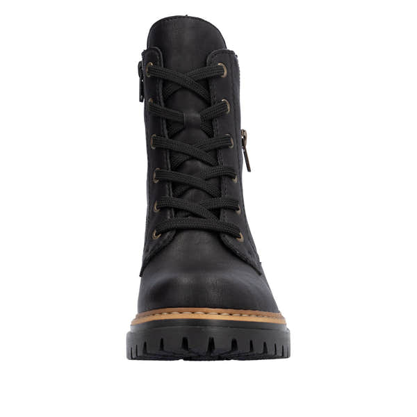 Rieker 72617-00 women's black ankle boots with lace-up and side zipper, rugged sole, and stylish design.