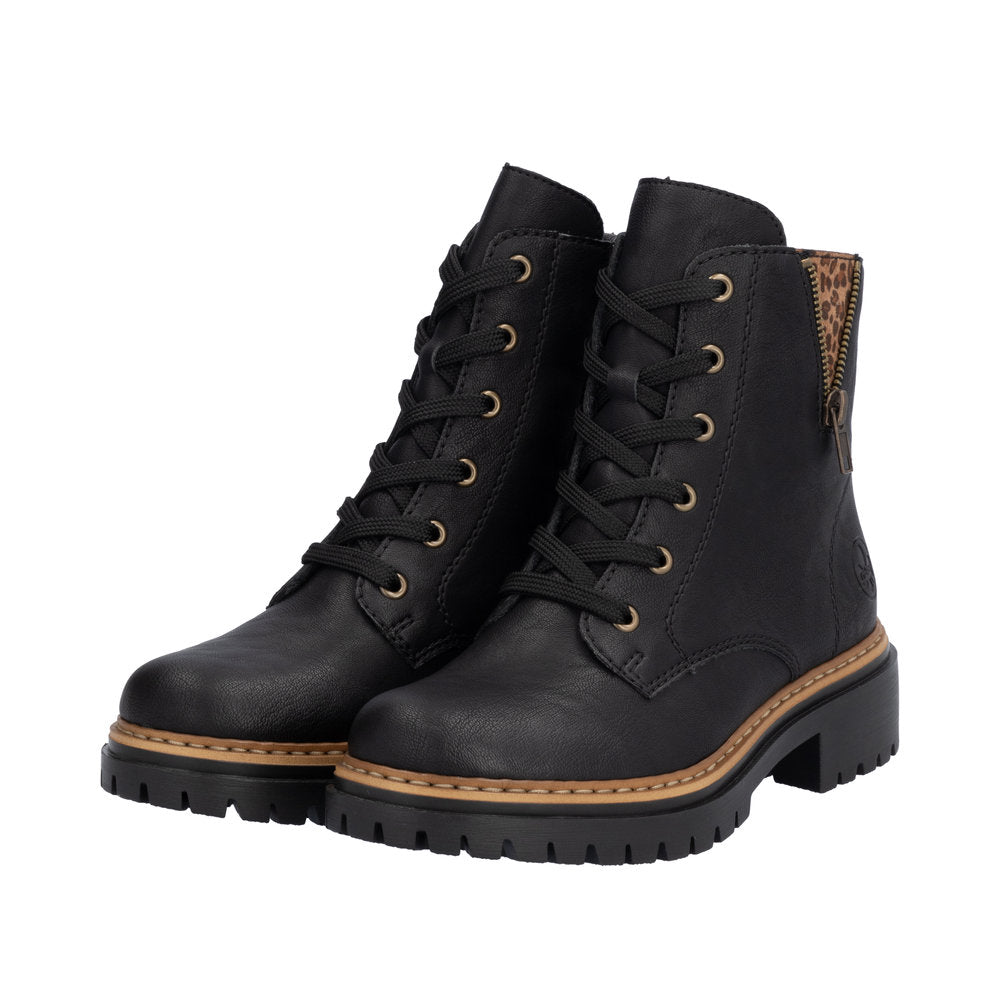 Rieker 72617-00 women's black lace-up ankle boots with zip, chunky heel, and leopard print side pull tab.