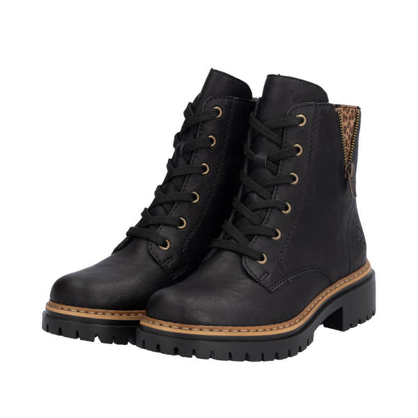 Rieker 72617-00 women's black lace-up ankle boots with zip, chunky heel, and leopard print side pull tab.