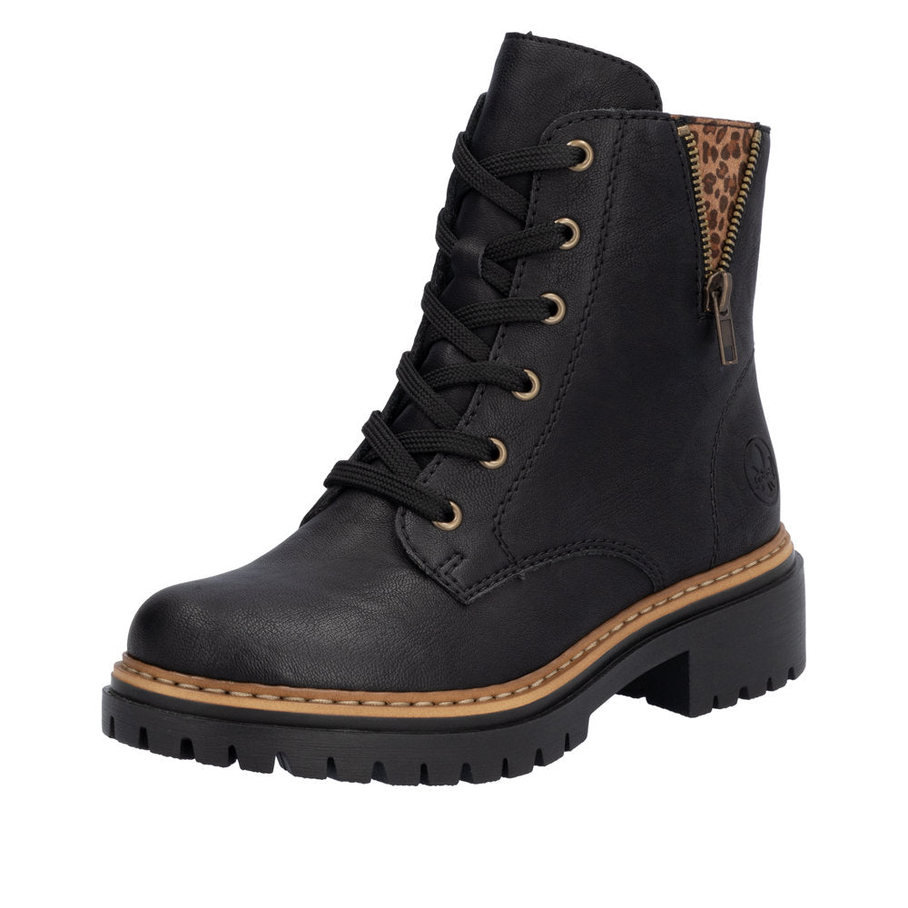 Rieker 72617-00 women's black ankle boots with lace-up front and rear side zipper, chunky heel, and contrasting leopard print lining.
