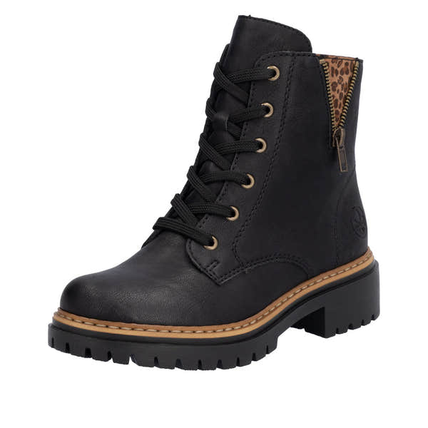 Rieker 72617-00 women's black ankle boots with lace-up front and rear side zipper, chunky heel, and contrasting leopard print lining.