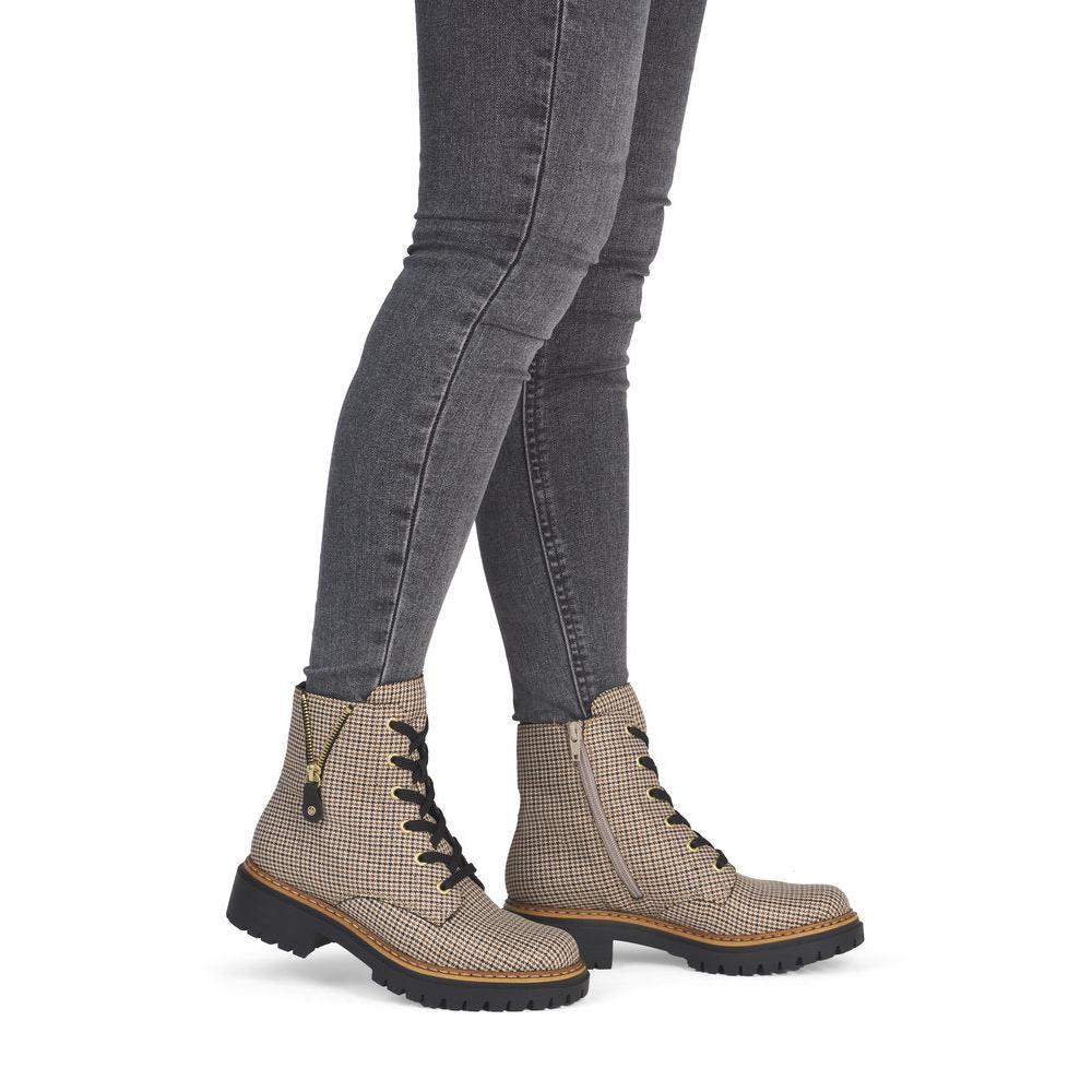 Rieker 72617-60 Ladies Beige Textile Zip & Lace Ankle Boots