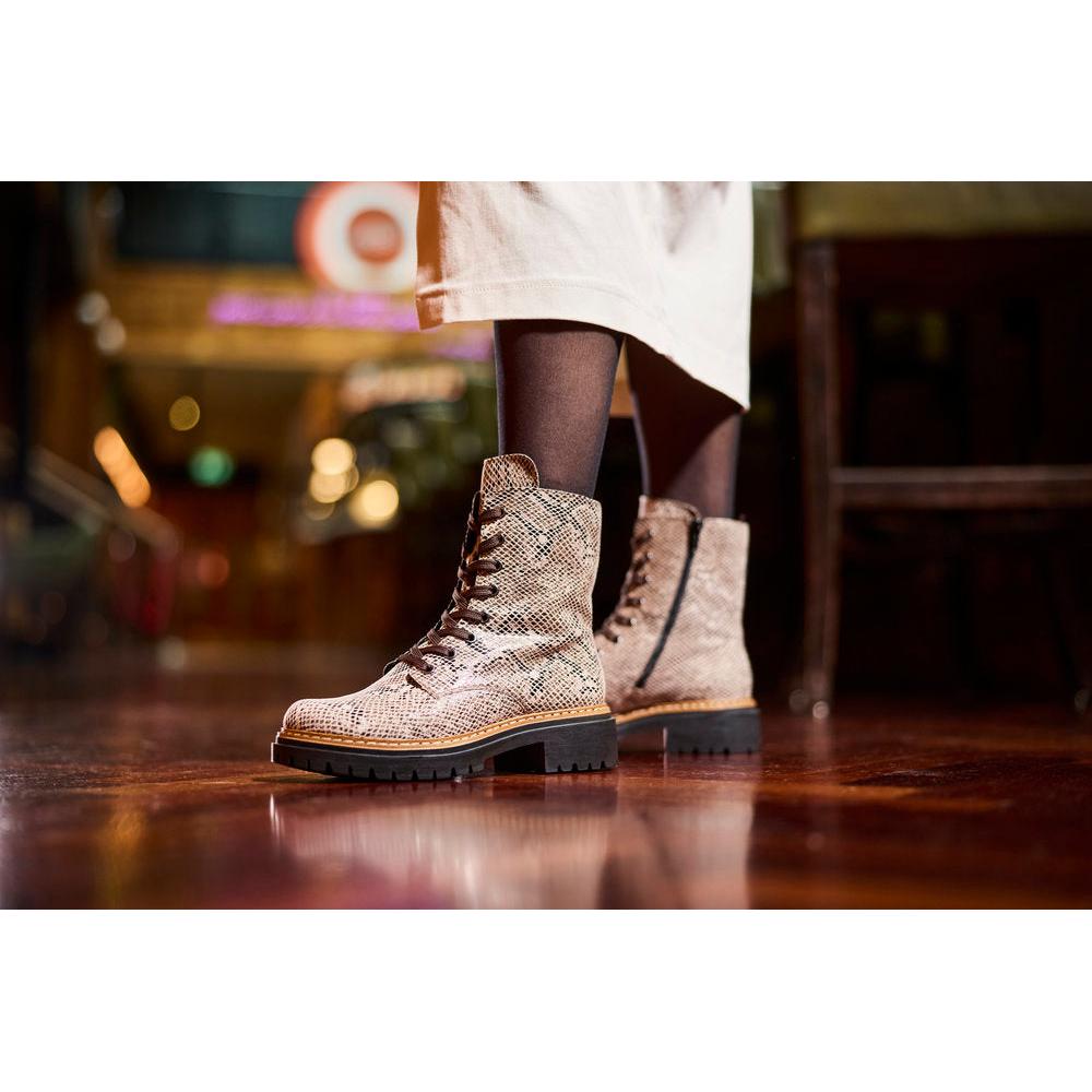 Rieker 72627-64 women's beige/black vegan zip & lace ankle boots, lifestyle view 6 of 6.