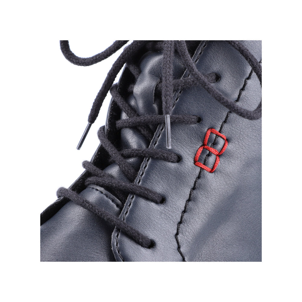 Rieker 73500-14 women's blue ankle boots with lace-up and zip closure, featuring red stitching details.