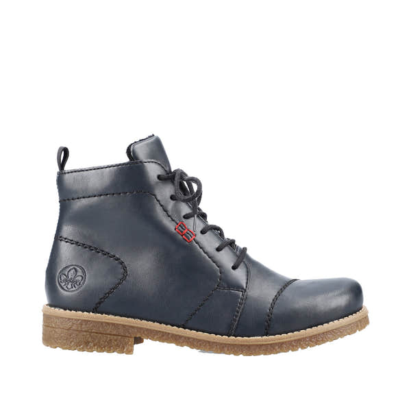 Rieker 73500-14 women's blue ankle boots with lace-up and side zipper, leather upper, chunky sole, and decorative stitching.