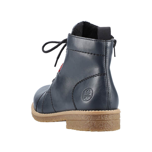 Rieker 73500-14 women's blue leather ankle boots with lace-up and side zipper, cushioned sole, and stylish design.