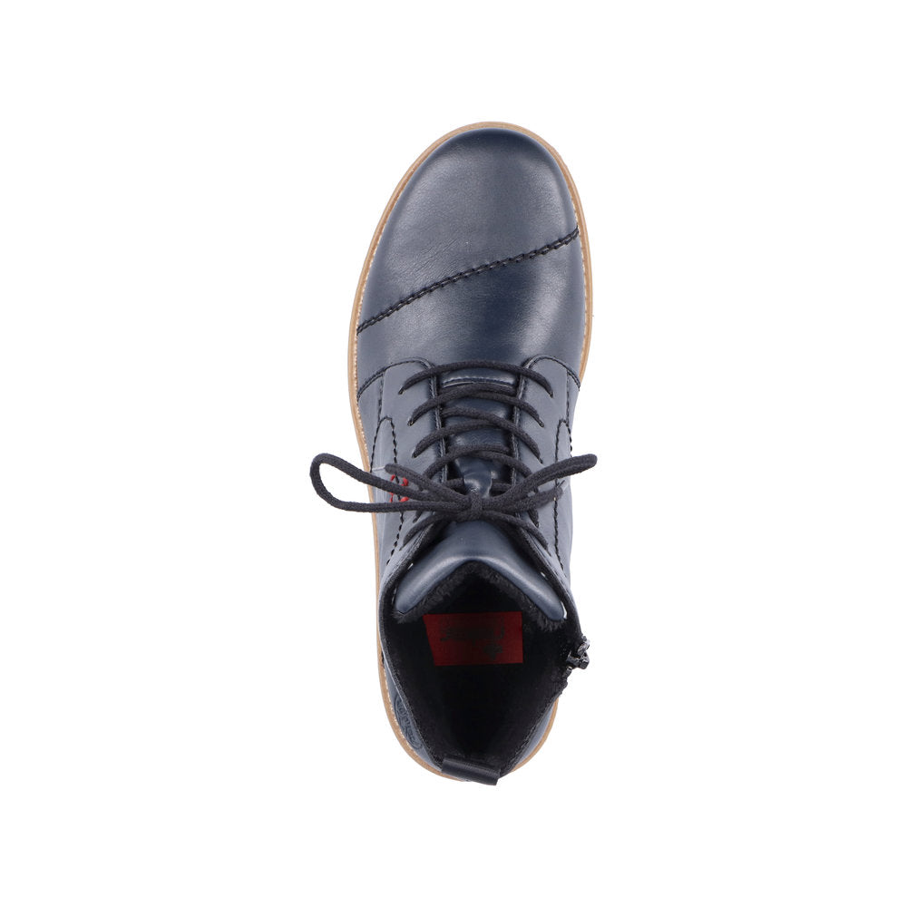 Rieker 73500-14 women's blue ankle boots with zip and lace-up detail, stylish and comfortable footwear.