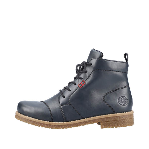 Rieker 73500-14 women's blue ankle boots with lace-up, zip closure, leather upper, and tan rubber sole.