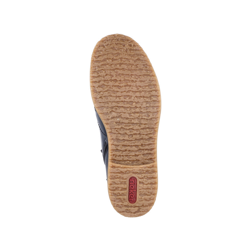 Rieker 73500-14 women's blue ankle boots with zip and lace-up design, beige textured rubber sole, and stylish details.