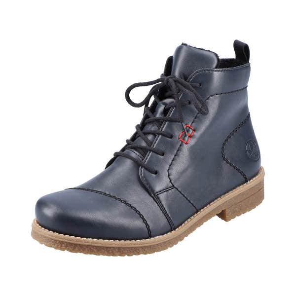 Rieker 73500-14 women's navy ankle boots with zip and lace-up design, leather upper, and rubber sole.