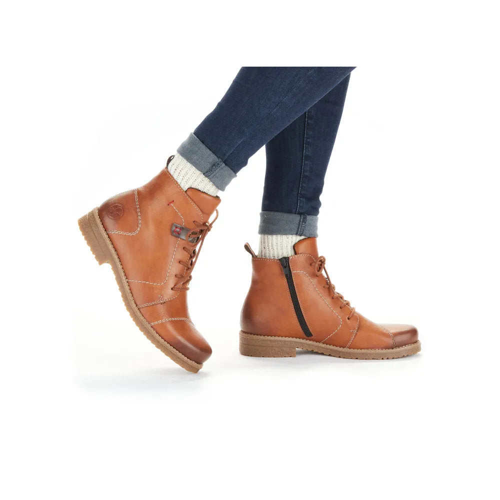 Rieker 73501-24 women's brown ankle boots with lace-up and zipper closure, chunky sole, stylish and comfortable footwear.