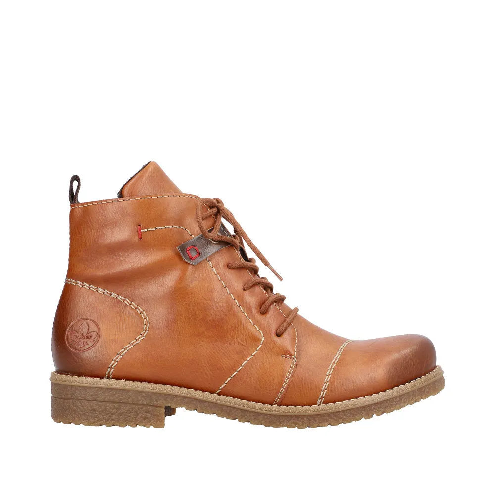 Rieker 73501-24 women's brown leather ankle boots with lace-up and zip closure, rugged sole, stylish stitching, and pull tab.