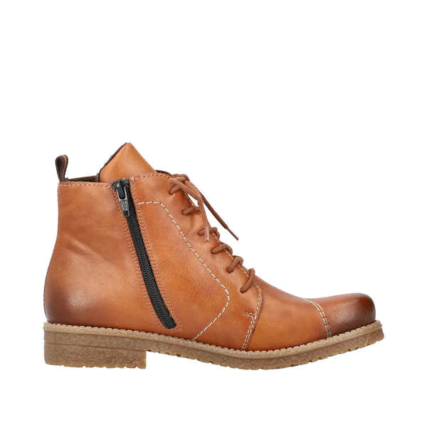 Rieker 73501-24 women's brown ankle boots with lace-up and side zipper, durable leather, cushioned sole, stylish casual footwear.