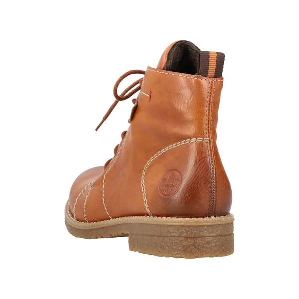 Rieker 73501-24 women's brown ankle boots with zip and lace-up closure, leather upper, faux fur lining, and durable outsole.