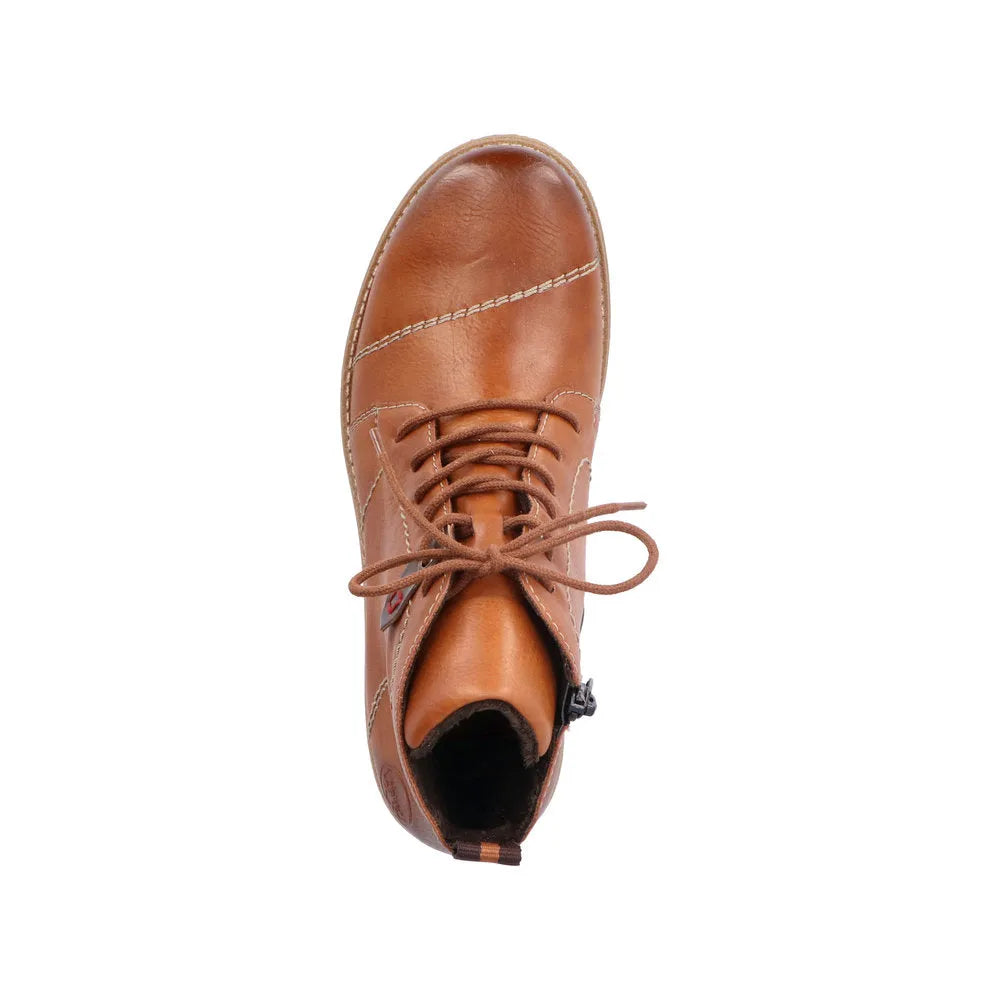 Rieker 73501-24 women's brown ankle boots with lace-up and zipper closure, leather upper, and rounded toe.