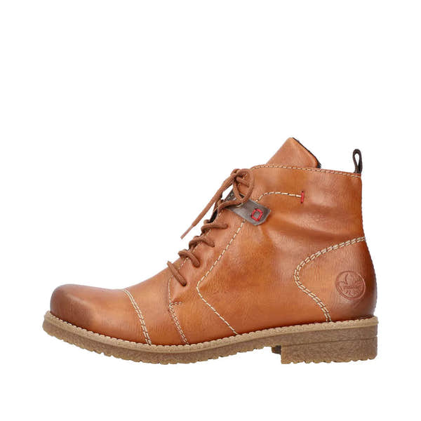 Rieker 73501-24 women's brown ankle boots with lace-up and side zipper, leather upper, durable rubber sole, stylish and comfortable.