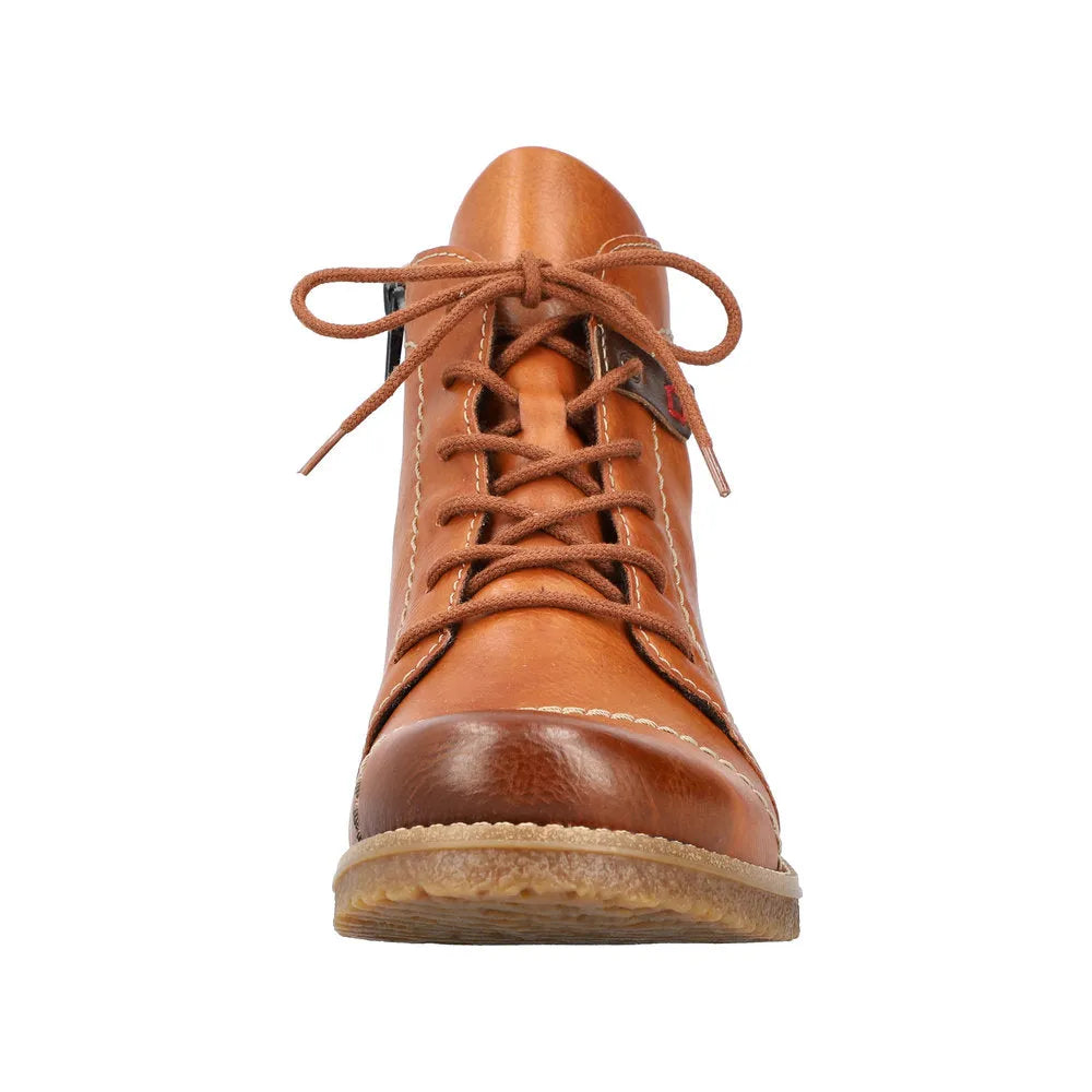 Rieker 73501-24 women's brown ankle boots with lace-up and side zipper, rugged sole, stylish and comfortable footwear.