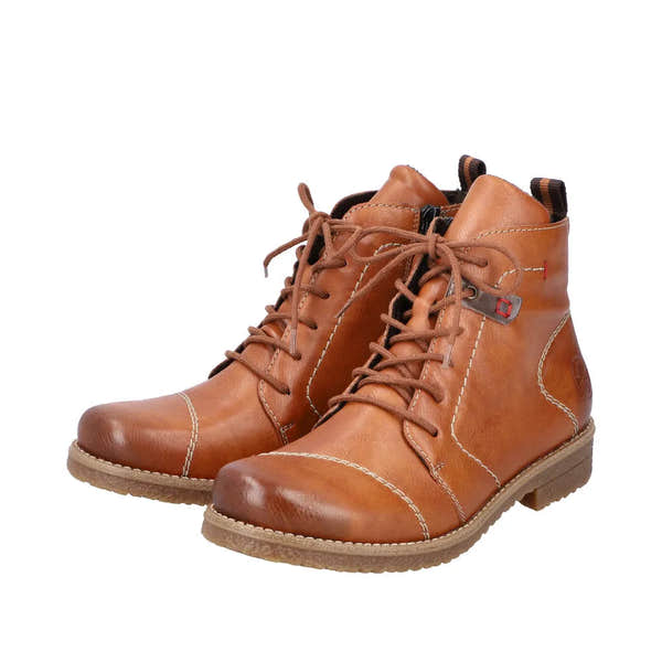 Rieker 73501-24 women's brown zip and lace ankle boots with stitched detailing and rubber soles.