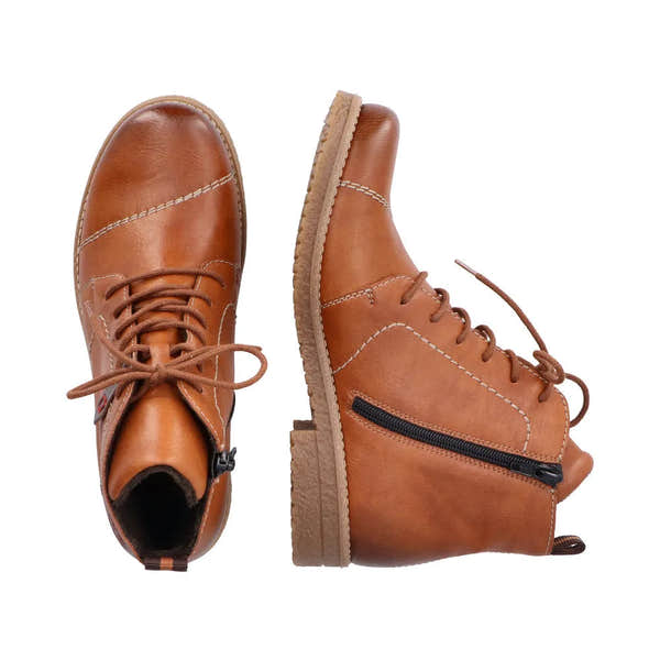 Rieker 73501-24 Ladies Brown Leather Ankle Boots with Zip, Lace-up, and Stitch Detailing