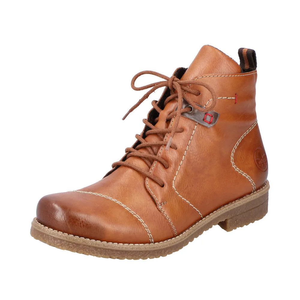 Rieker 73501-24 women's brown lace-up ankle boots with zip, chunky heel, and stitched detailing.