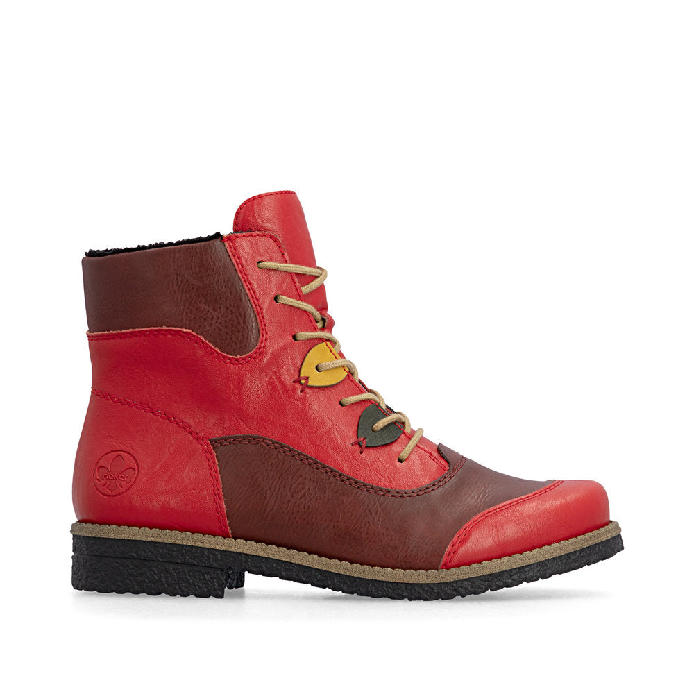 Rieker 73510-33 women's red/brown lace up mid-calf boots, opposite side view.