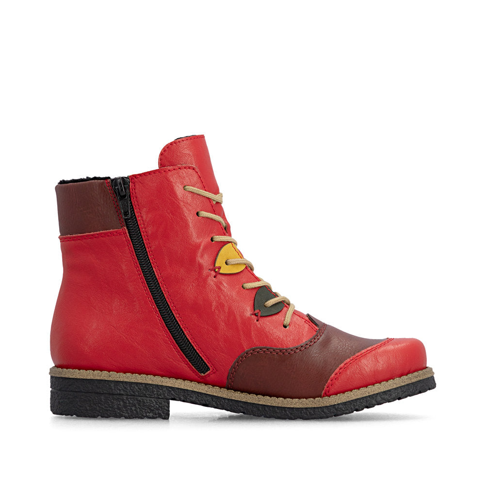 Rieker 73510-33 women's red/brown lace up mid-calf boots, outer side view.