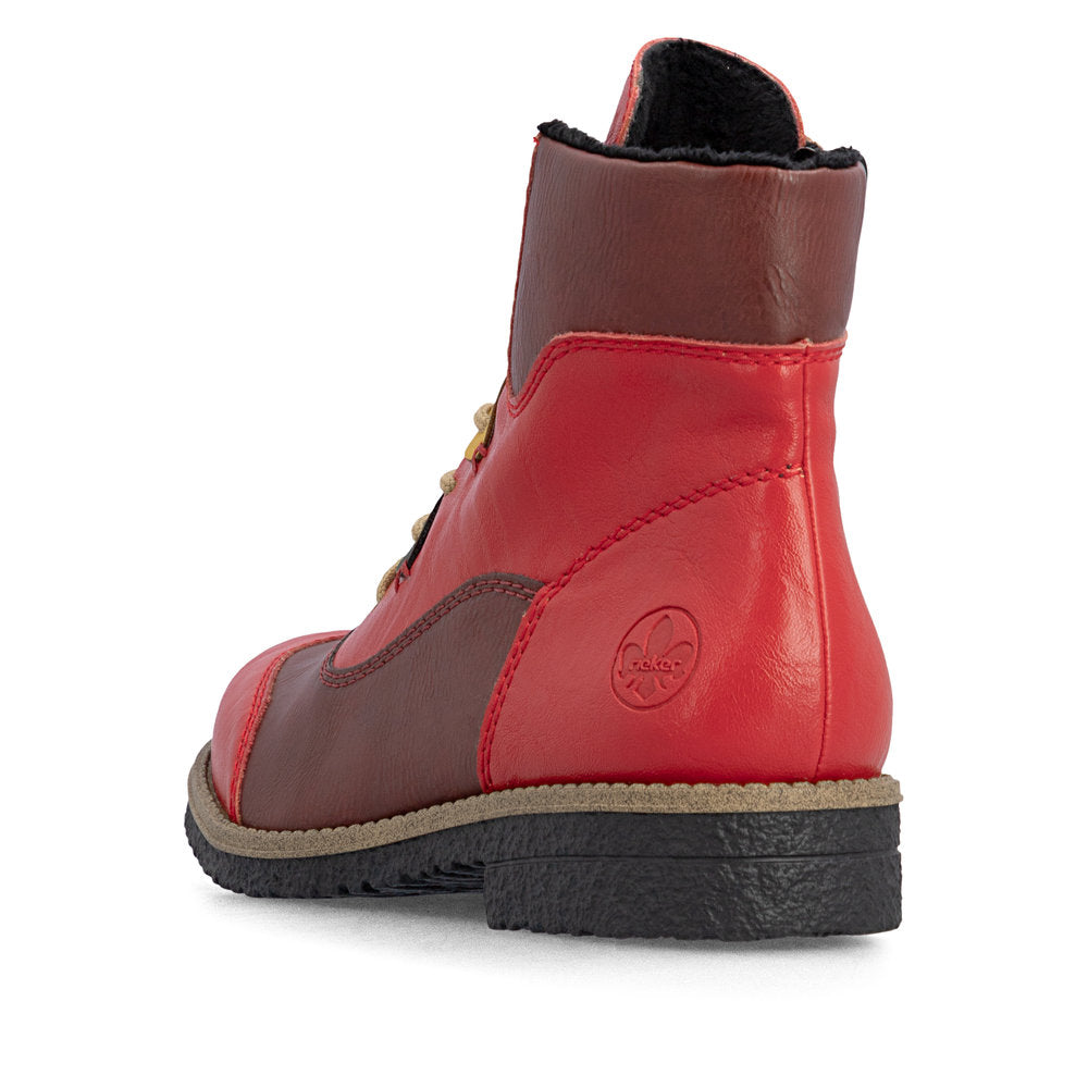Rieker 73510-33 women's red/brown lace up mid-calf boots, rear three-quarter view.