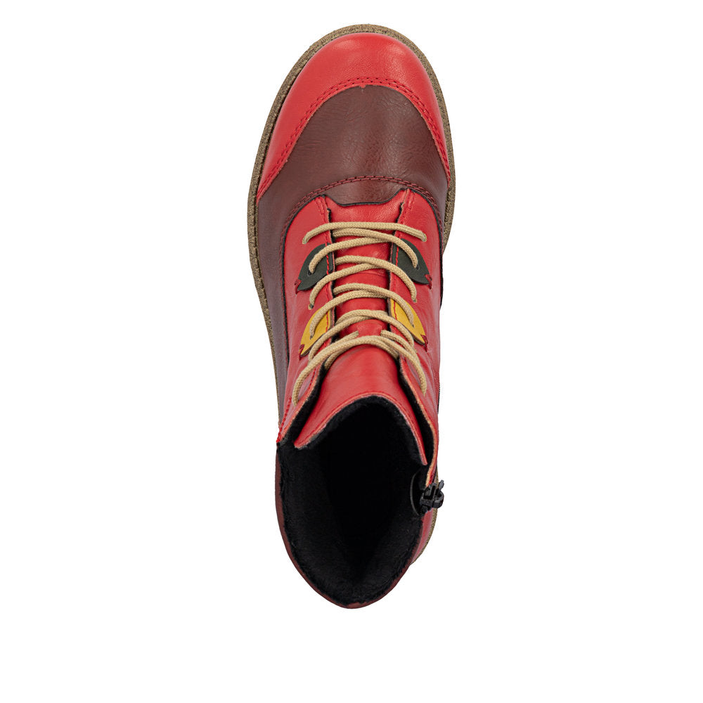 Rieker 73510-33 women's red/brown lace up mid-calf boots, top view.