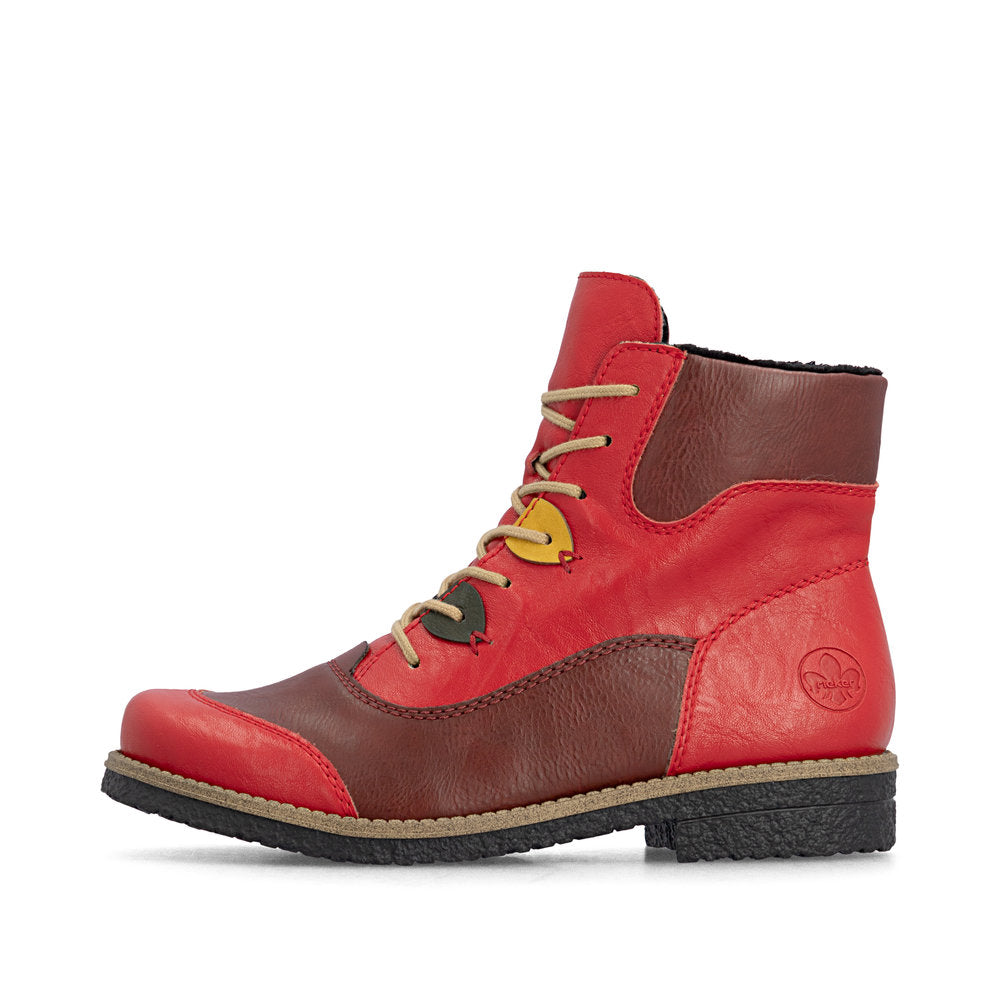 Rieker 73510-33 women's red/brown lace up mid-calf boots, inner side view.