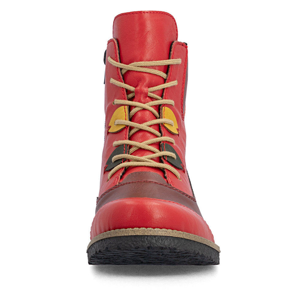 Rieker 73510-33 women's red/brown lace up mid-calf boots, front view.