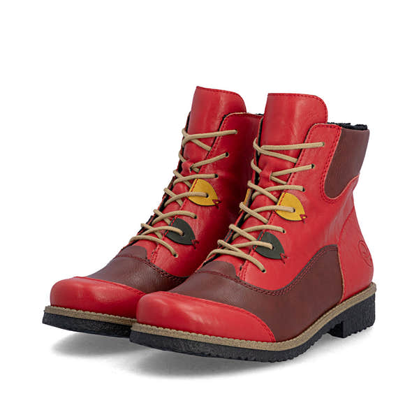 Rieker 73510-33 women's red/brown lace up mid-calf boots, paired three-quarter view.