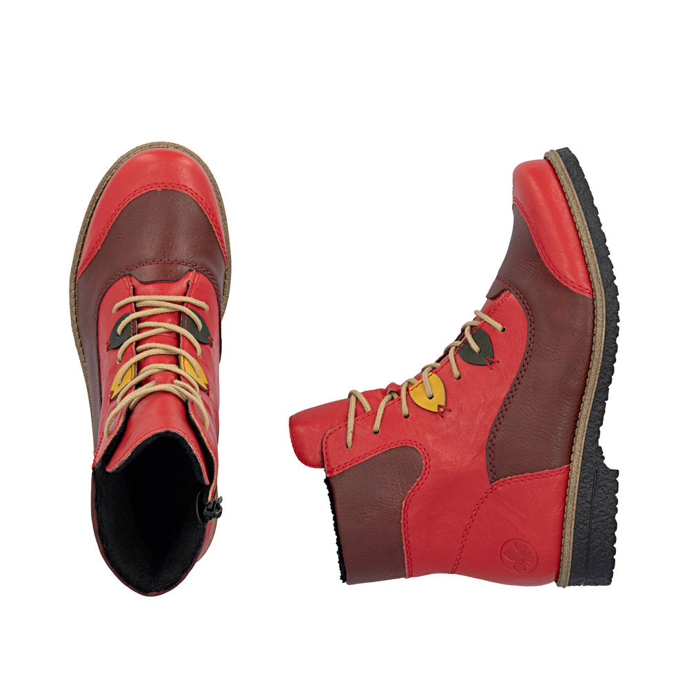 Rieker 73510-33 women's red/brown lace up mid-calf boots, two-angle product view.