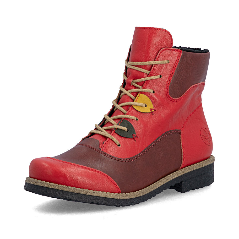 Rieker 73510-33 women's red/brown lace up mid-calf boots, front three-quarter view.