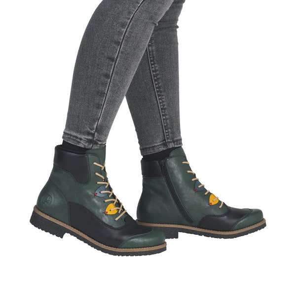 Rieker 73510-90 women's multi-zip lace ankle boots with color accents, black and green leather, and side zipper detail.