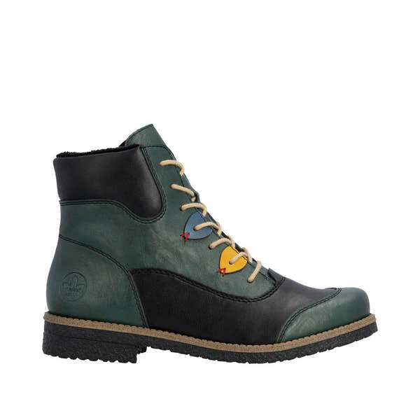 Rieker 73510-90 women's ankle boots with multi-colored zippers, lace-up front, black and teal leather, and side zipper for easy wear.