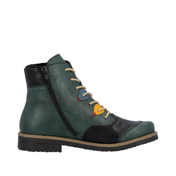 Rieker 73510-90 ladies multi-zip and lace ankle boots with color accents, black and green leather, side zipper, stylish and comfortable.