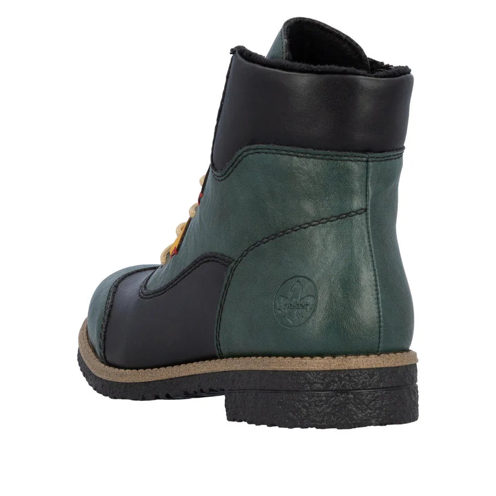 Rieker 73510-90 women's ankle boots featuring multi-zip and lace design, green and black leather, with sturdy sole.