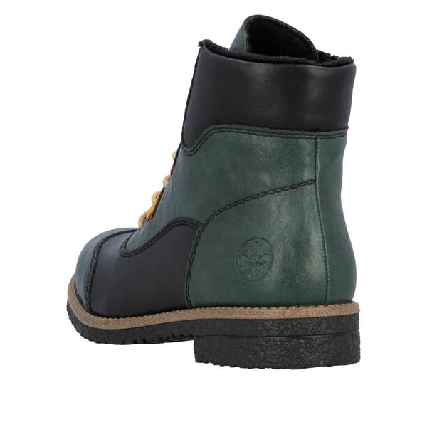 Rieker 73510-90 women's ankle boots featuring multi-zip and lace design, green and black leather, with sturdy sole.