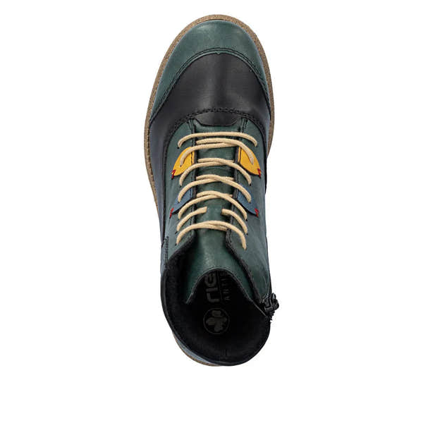 Rieker 73510-90 women's multi-color lace-up ankle boots with zip accents and chunky sole.