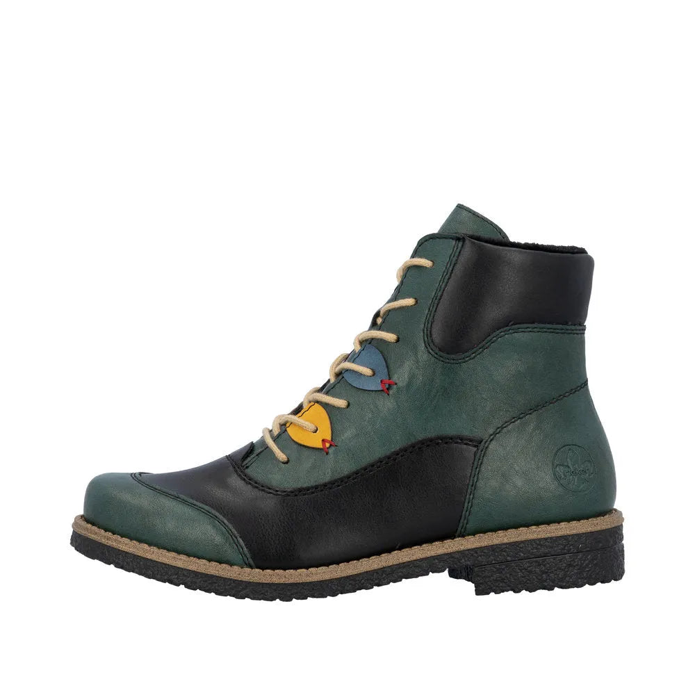 Rieker 73510-90 ladies multi-zip lace-up ankle boots in green and black with decorative colored details and a sturdy rubber sole.
