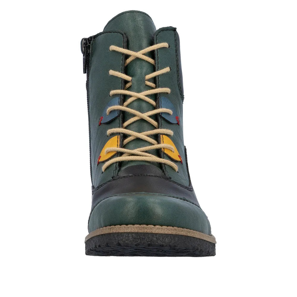 Rieker 73510-90 women's multi-zip and lace ankle boots in green with yellow and red accents, stylish and versatile footwear.
